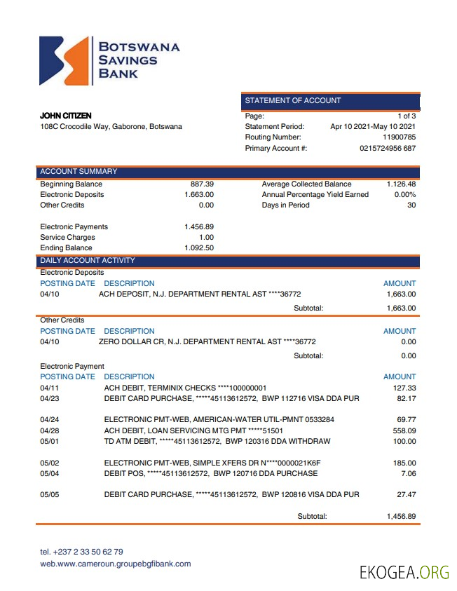 Relevé de la Caisse d'épargne du Botswana